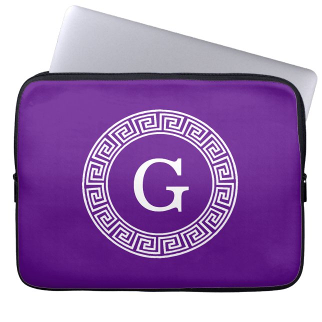 Paarse Wht Grieks Sleutel Rnd Lijst Initiaal Monog Laptop Sleeve (Voorkant)