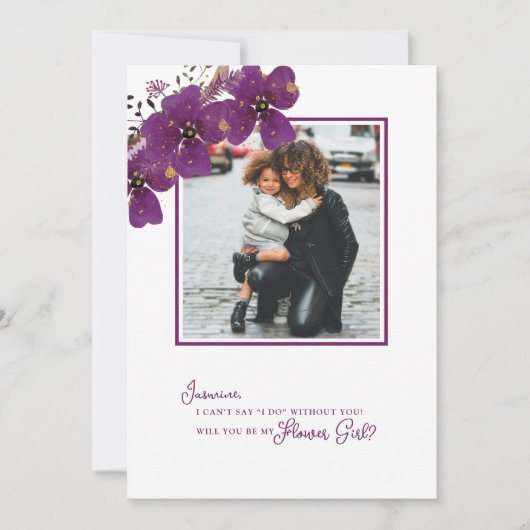 Paarse 'Wil je mijn bloemenmeisje zijn' foto-aanzo Kaart (Voorkant)