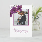 Paarse 'Wil je mijn bloemenmeisje zijn' foto-aanzo Kaart (Staand voorkant)