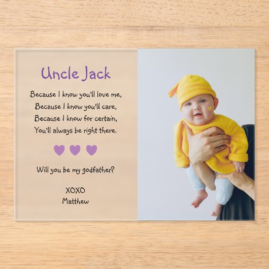 Paarse wil je mijn peetvader zijn voorsteldoop acryl uitnodigingen (Voorkant)