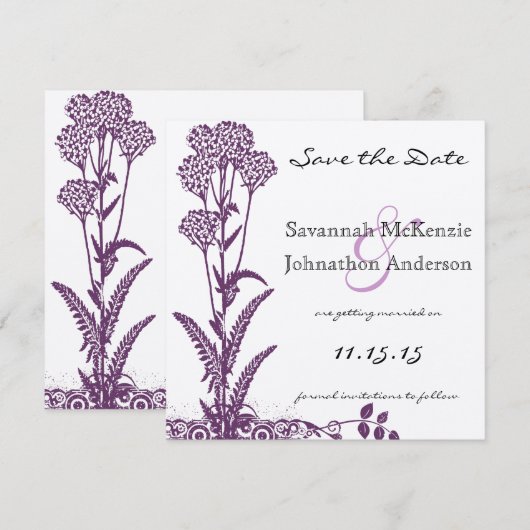 Paarse Wild Flower Branch Wedding Save the Date Kaart (Voorkant / Achterkant)
