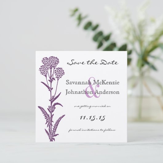 Paarse Wild Flower Branch Wedding Save the Date Kaart (Staand voorkant)