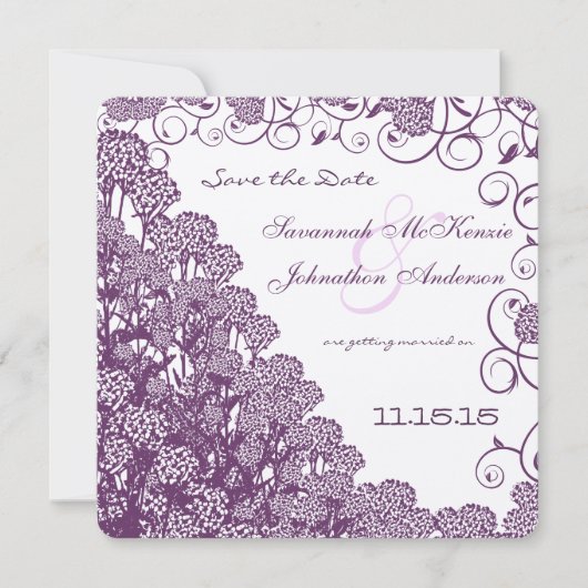 Paarse Wild Flower Branch Wedding Save the Date Kaart (Voorkant)