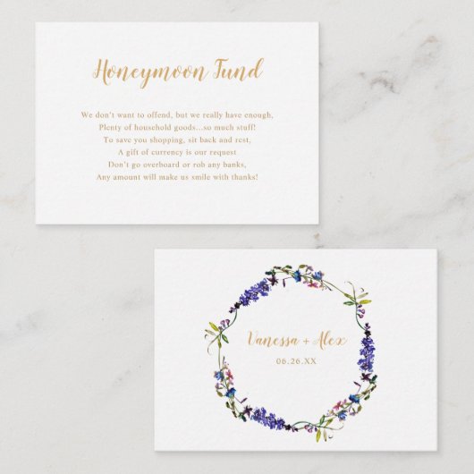 Paarse wildbloem Honeymoon Fund vrijgezellenfeest Informatiekaartje (Voorkant / Achterkant)