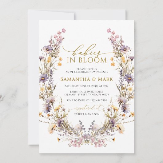 Paarse Wildbloemen Baby's in Bloom Twins Douche Kaart (Voorkant)