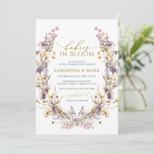 Paarse Wildbloemen Baby's in Bloom Twins Douche Kaart (Staand voorkant)