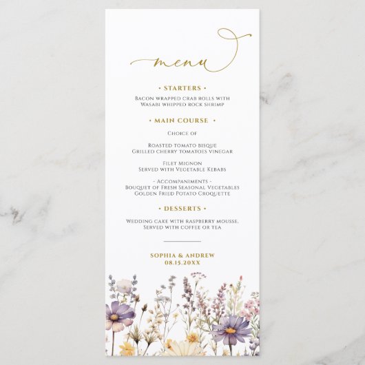 Paarse Wildbloemen Bruiloft Menu (Voorkant)