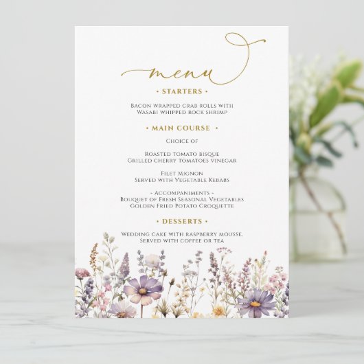 Paarse Wildbloemen Bruiloft Menu (Staand voorkant)