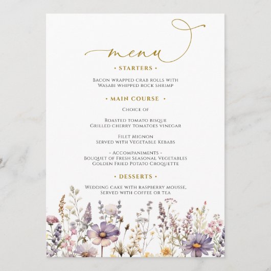 Paarse Wildbloemen Bruiloft Menu (Voorkant)