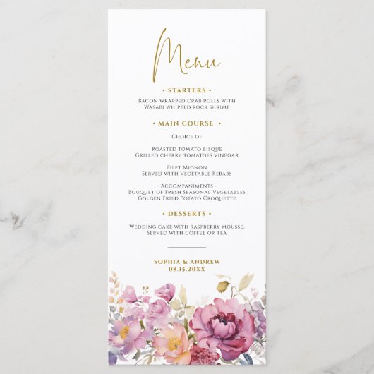 Paarse Wildbloemen Bruiloft Menu (Voorkant)