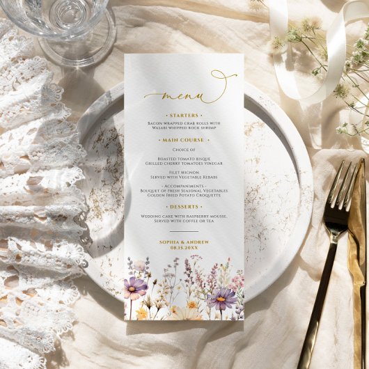 Paarse Wildbloemen Bruiloft Menu