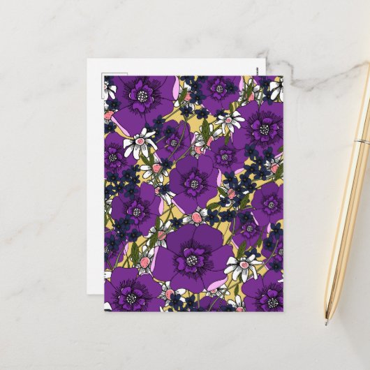Paarse Wildbloemen Feestdagenkaart (Voorkant / Achterkant in situ)