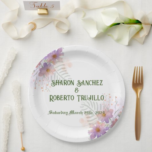 Paarse Wildbloemen Kaart Papieren Bordje (Huwelijk)