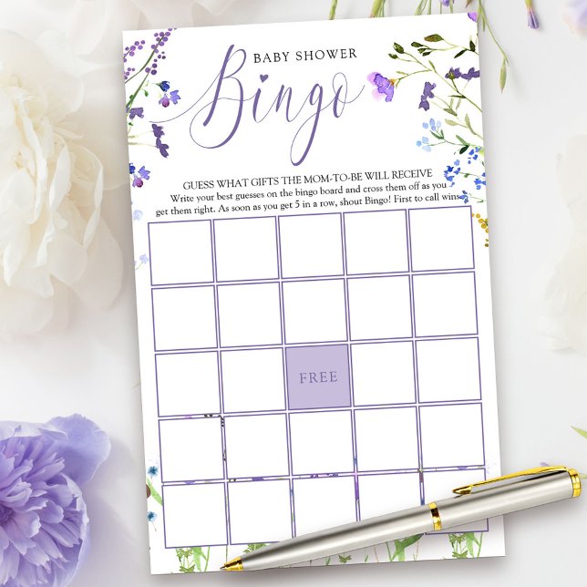 Paarse Wilde Baby shower Bingo Game (Bingo Game Card from my Purple Wildflower Collection.)