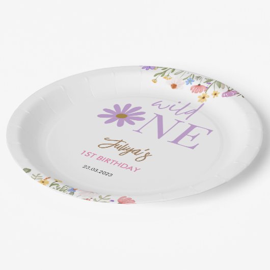 paarse wilde bloem 1e verjaardag papieren bordje (Gekanteld)
