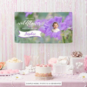 Paarse Wilde Bloem Aangepaste Baby Foto Verjaardag Spandoek