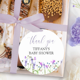 Paarse Wilde Bloem Baby Shower Bedankt Script Ronde Sticker