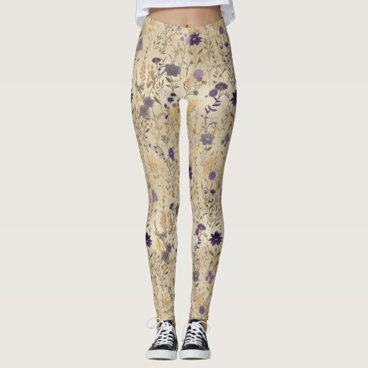 Paarse wilde bloem bloempatroon leggings (Voorkant)