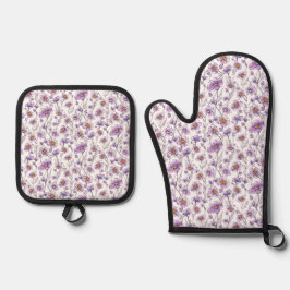 Paarse Wilde Bloem Botanisch Patroonontwerp Ovenwant & Pannenlap Set
