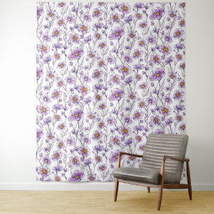 Paarse Wilde Bloem Botanisch Patroonontwerp Wandkleed