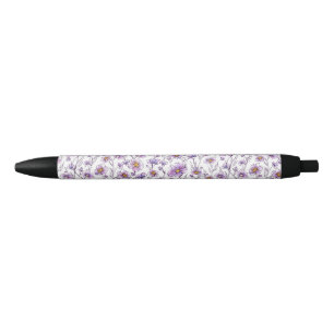 Paarse Wilde Bloem Botanisch Patroonontwerp Zwarte Inkt Pen
