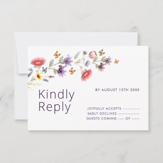 Paarse Wilde Bloem Bruidsbruiloft RSVP Kaart (Voorkant)
