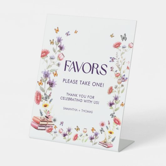 Paarse Wilde Bloem Bruidsfeest Favoriet Reclamebord Met Voetstuk (Voorkant)