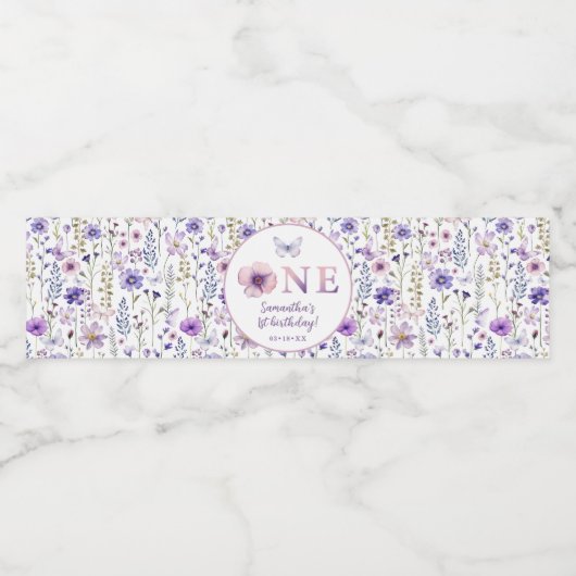 Paarse wilde bloem eerste verjaardag waterfles waterfles etiket (Enkel label)