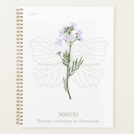 Paarse wilde bloem en baksteenvlinder planner