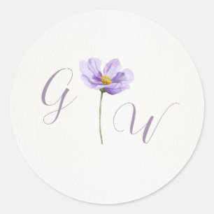 Paarse Wilde Bloem Monogram Trouw Ronde Sticker