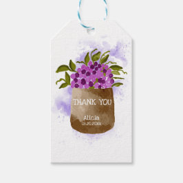 Paarse wilde bloem op pot aquarel dank je cadeaulabel