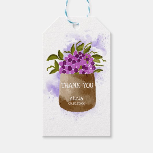 Paarse wilde bloem op pot aquarel dank je cadeaulabel (Voorkant)