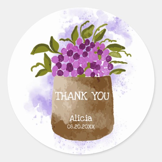 Paarse wilde bloem op pot Waterverf dank u Ronde Sticker (Voorkant)