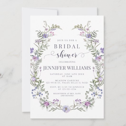 Paarse wilde bloem rustieke bruids douche uitnodig kaart (Voorkant)