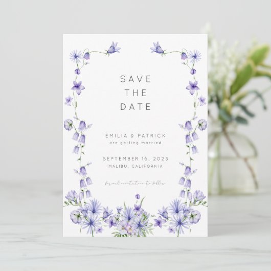 Paarse wilde bloem Sla de Sjabloon Datum op Kaart (Staand voorkant)