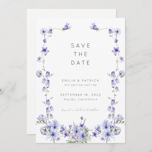 Paarse wilde bloem Sla de Sjabloon Datum op Kaart (Voorkant / Achterkant)