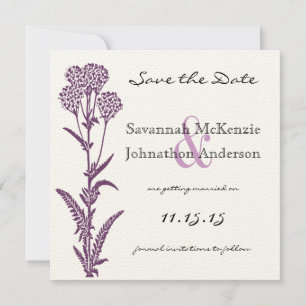 Paarse Wilde Bloem Tak Trouwkaart Save the Date Kaart