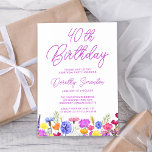 Paarse wilde bloem Volwassenen 40e verjaardag Kaart<br><div class="desc">Een wildbloemgrens versiert de onderkant van deze 40ste verjaardagsuitnodiging. Paarse, blauwe, gele en oranje bloemen creëer een kleurrijk en gelukkig ontwerp om deze mijlpaal te vieren. Moderne en eenvoudige paarse kalligrafie voegt een trendy aanraking toe om het vers te houden. De open en zorgeloze strookcoördinaten met de mazen en vlinders....</div>