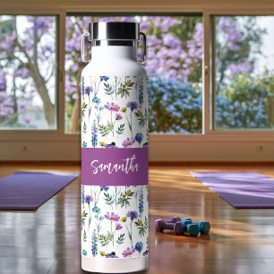 Paarse Wilde Bloem Waterverf Monogram Naam Waterfles
