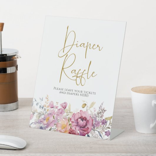 Paarse wilde bloemen Baby shower luier Raffle Reclamebord Met Voetstuk (Insitu)
