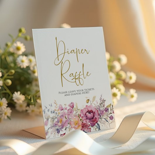 Paarse wilde bloemen Baby shower luier Raffle Reclamebord Met Voetstuk