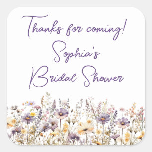 Paarse wilde bloemen bloem wit douche gunsten vierkante sticker