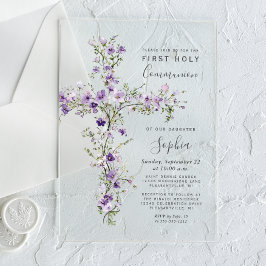 Paarse wilde bloemen Bloemenkruis Eerste Communie Acryl Uitnodigingen