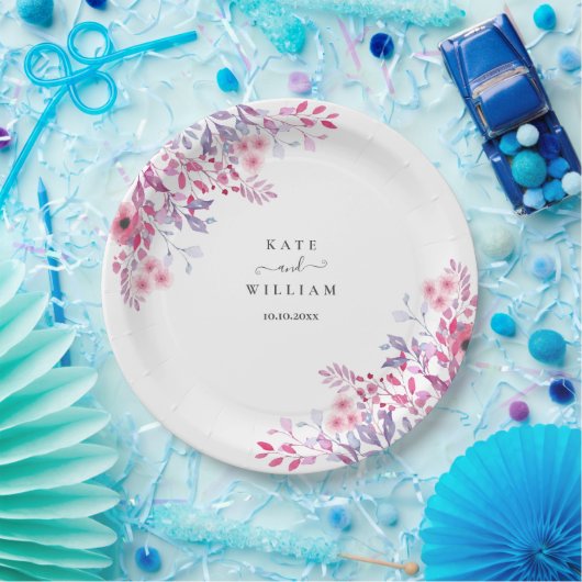 Paarse Wilde Bloemen Bloemenschildering in Waterve Papieren Bordje (Feest)