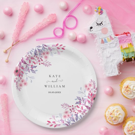 Paarse Wilde Bloemen Bloemenschildering in Waterve Papieren Bordje (Feest)