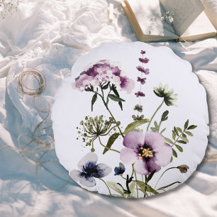 Paarse Wilde Bloemen Boeket Waterverf Bloemen Rond Kussen