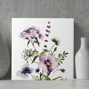 Paarse Wilde Bloemen Boeket Waterverf Bloemen Tegeltje