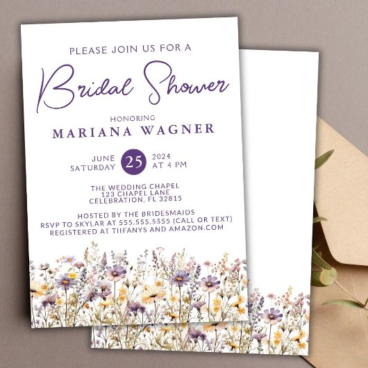 Paarse Wilde Bloemen Bruidsuitnodiging Kaart