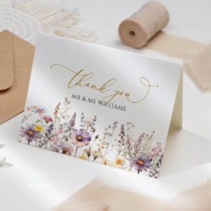 Paarse wilde bloemen bruiloft bedankkaart