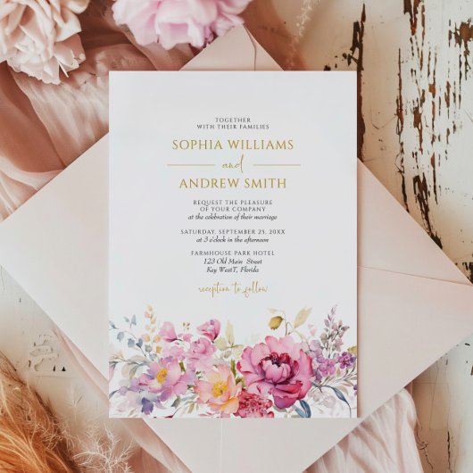 Paarse wilde bloemen bruiloft kaart